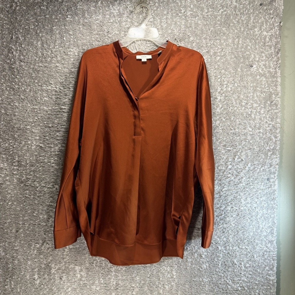 Vince Silk Satin Band Collar Blouse Shirt Rustic Orange S Preppy Career Classic